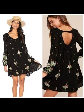 FREE PEOPLE Oxford Black Embroidered Dress Medium mini